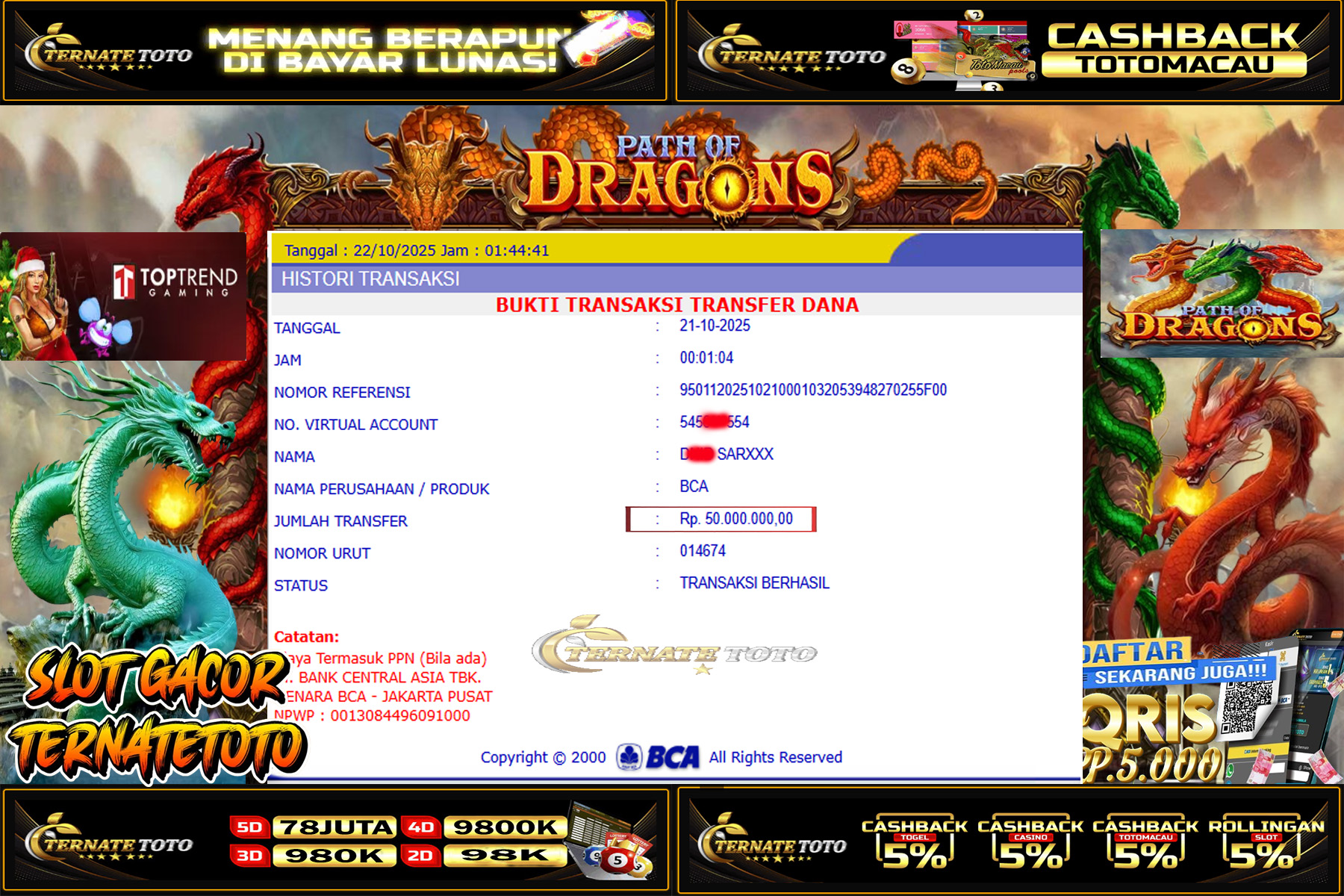 TERNATETOTO - MENANG PATH OF DRAGONS DI TOPTREND GAMING Rp.50,000,000,-